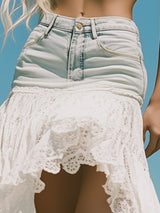 【24-hour shipping out】Romantic And Fashionable Short Front And Long Back Lace Patchwork Denim Skirt