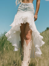 【24-hour shipping out】Romantic And Fashionable Short Front And Long Back Lace Patchwork Denim Skirt