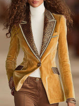 Pink Velvet Stitching Leopard Print One Button Blazer