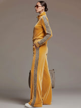 Casual Sporty Retro Leopard Print Trim Yellow Velvet Sweatshirt Wide-Leg Pants Set