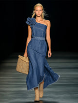 【24-hour shipping out】Elegant Strapless Denim 3D Floral Maxi Dress