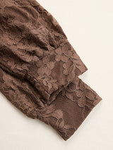 Elegant Brown Lace Front Slit Long Sleeve Maxi Dress