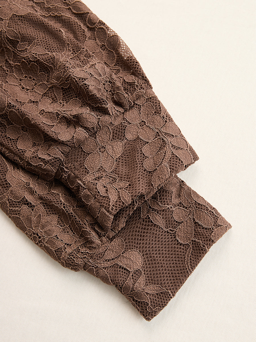 Elegant Brown Lace Front Slit Long Sleeve Maxi Dress