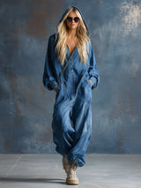 Casual Loose-fit Hooded Blue Denim Button-front Long-sleeved Jumpsuit