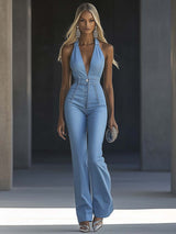 【24-hour shipping out】Simple and Fashionable V-neck Sleeveless Tight Light Blue Denim Jumpsuit