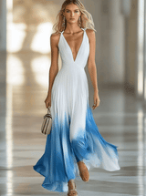 【24-hour shipping out】Elegant And Flowing V-Neck Pleated Chiffon Blue Gradient White Maxi Dress