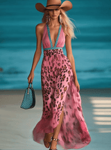 【24-hour shipping out】Retro Fashion Contrast Color V-Neck Leopard Print Pink Chiffon Slit Maxi Dress