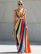 【24-hour shipping out】Elegant Flowing V-neck Rainbow Stripe Print Chiffon Maxi Dress