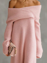 Pink Mohair One-shoulder Loose Maxi Dress