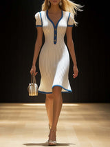 【24-hour shipping out】Elegant V-neck Fishtail Blue Contrast White Knitted Midi Dress