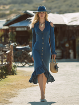 Western-style Blue Denim Off-the-shoulder Button-down With Ruffles Midi Dress