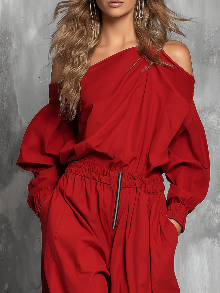 Stylish Western-style Red Off-the-shoulder Long-sleeved Top And Tapered Trousers Set