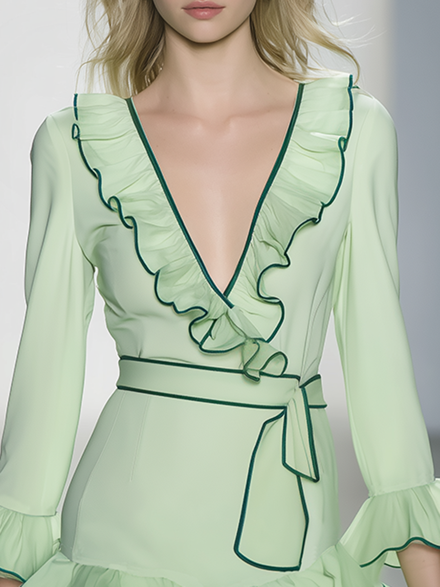 Elegant V-neck Ruffled Chiffon Mini Dress