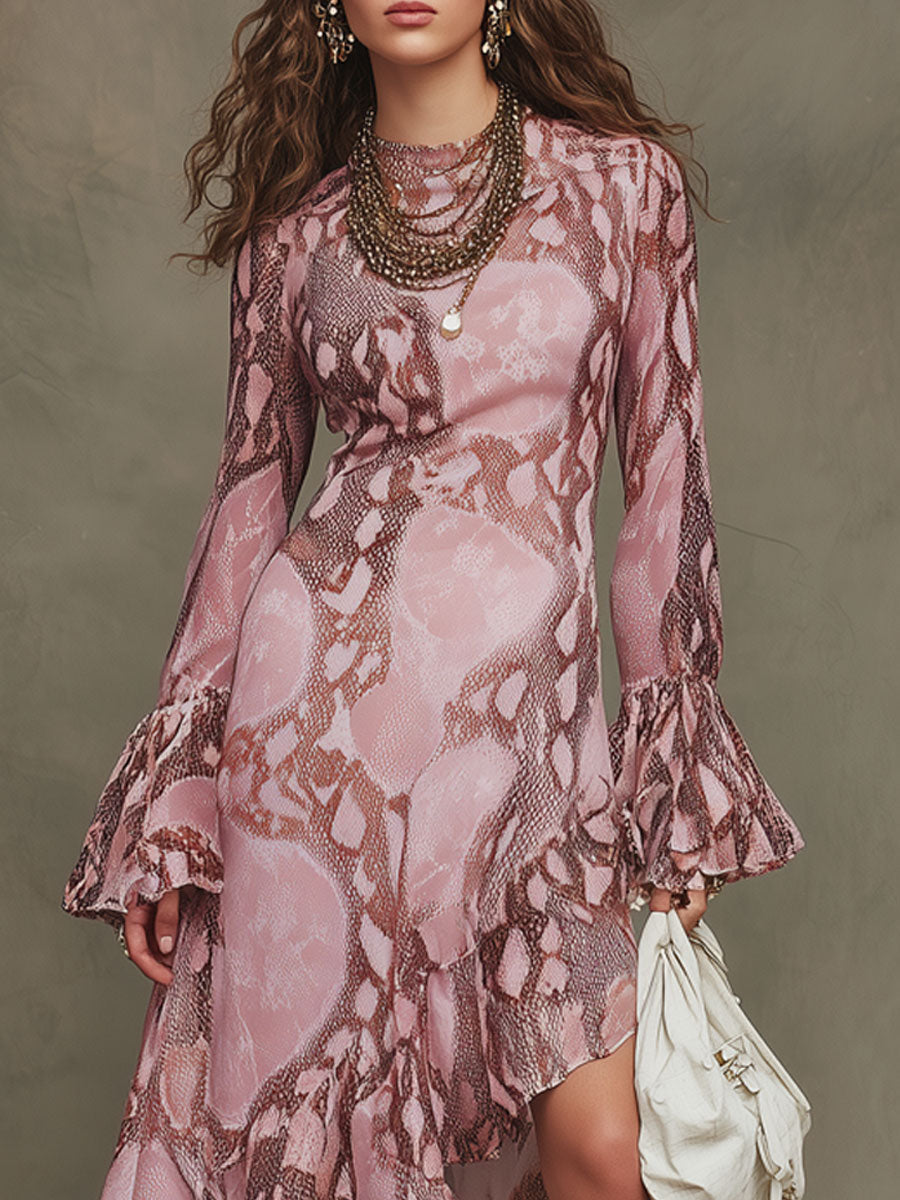 Retro Long-sleeved Pink Snakeskin Chiffon Ruffle Maxi Dress