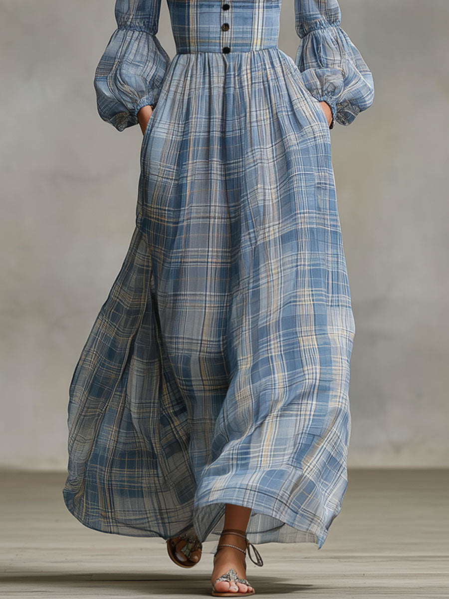 Western Retro Long-Sleeved Blue And White Checkered Chiffon Maxi Dress