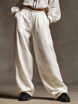 Casual Retro White Cotton And Linen Hooded Drawstring Top And Wide-leg Pants Set