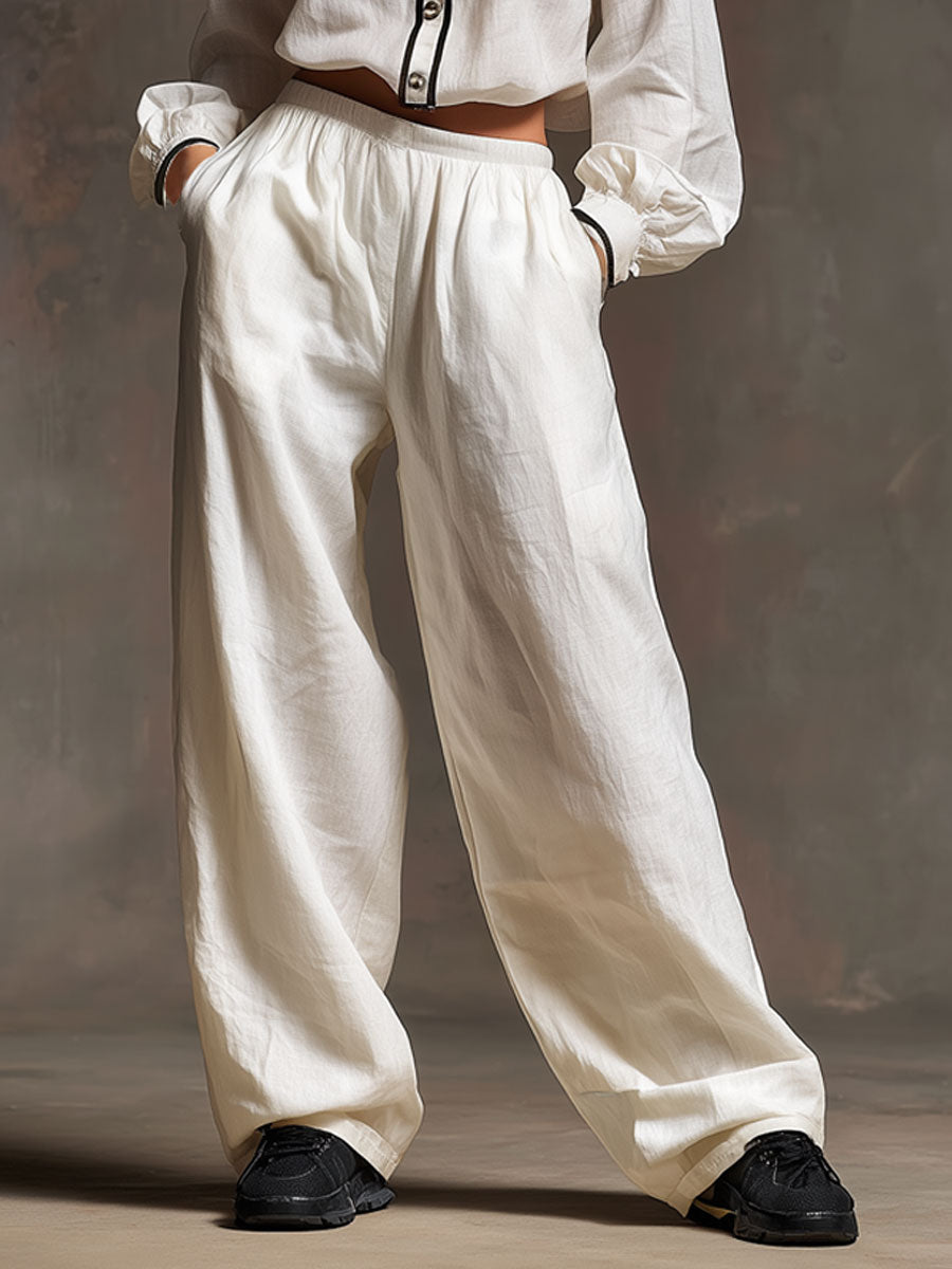 Casual Retro White Cotton And Linen Hooded Drawstring Top And Wide-leg Pants Set