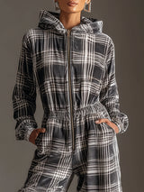 Fashionable Sporty Retro Black And White Checkered Velvet Zip-up Hooded Jumpsuit