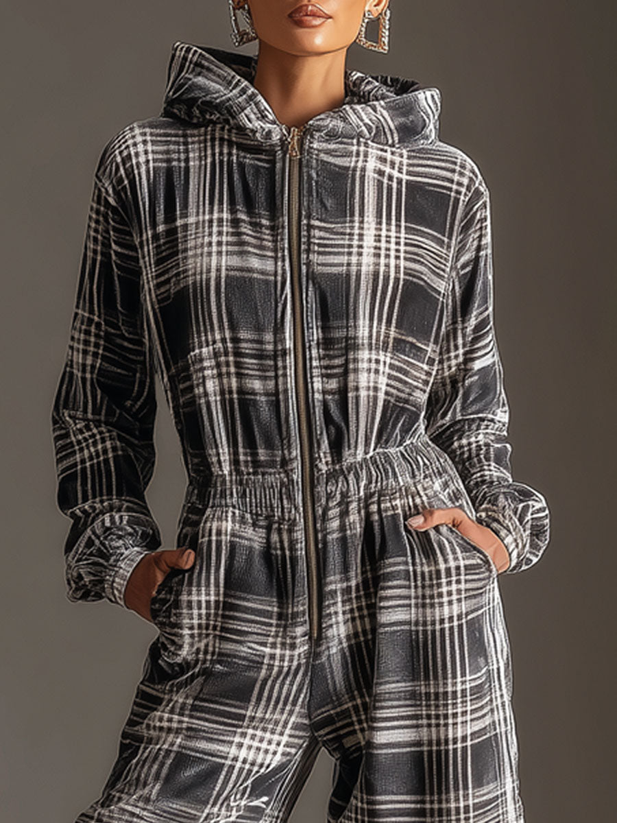Fashionable Sporty Retro Black And White Checkered Velvet Zip-up Hooded Jumpsuit