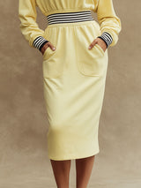 Sporty Retro Striped Ribbed Light Yellow Half-zip Long-sleeved Midi Dress