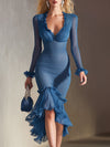 Stylish And Elegant Blue V-neck Midi Dress