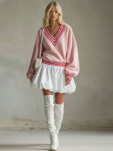 Loose-fitting V-neck Color-block Long-sleeved Sporty Mini Dress