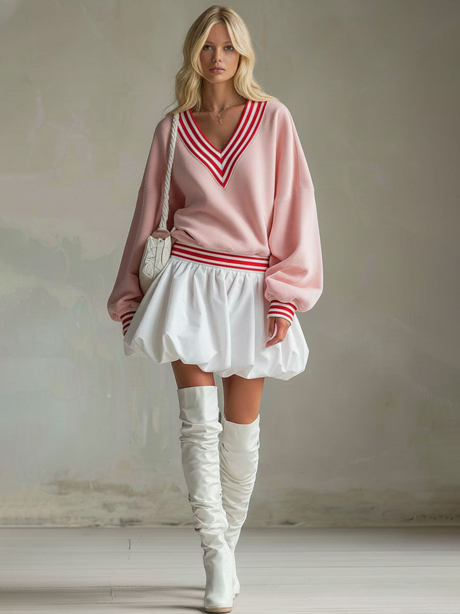 Loose-fitting V-neck Color-block Long-sleeved Sporty Mini Dress