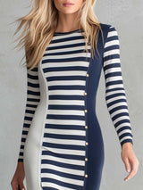 Elegant Retro Exquisite Round Neck Navy And White Contrast Striped Stretch Cotton Slit Midi Dress