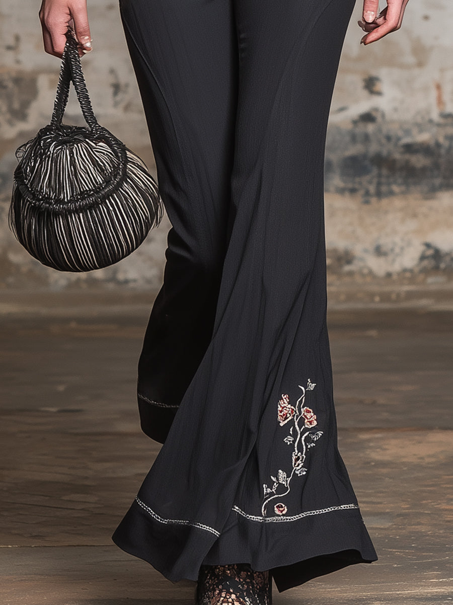 Black Button-up Top And Flared Trousers Set With Exquisite Embroidery.