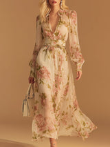 Elegant And Flowing V-neck Red Printed White Chiffon Midi Dress