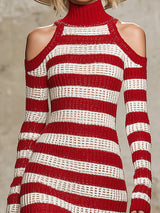 Stylish Knitted Red And White Striped Off-the-shoulder Maxi Dress