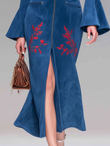 Western Style Vintage Embroidered Blue Faux Suede Midi Dress