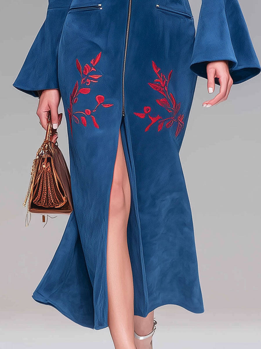Western Style Vintage Embroidered Blue Faux Suede Midi Dress