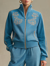 Sporty Retro Embroidered Blue Corduroy Zipper Sweatshirt And Wide-Leg Pants Set