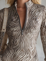 Stylish Retro Lace-trimmed Khaki Zebra Print Faux Suede Mini Dress