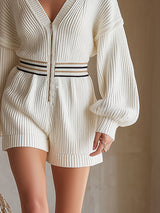 Elegant And Versatile Silhouette Cream White Knit Front Zip Long-sleeved Shorts Jumpsuit