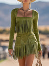 Retro Western Style Green Fringed Faux Suede Mini Dress