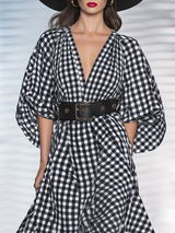 High-end Chic Black And White Checkered Ruched Sleeve Cotton Maxi Dress