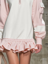 Stylish Pink And White Color-block With A Half-zip And Ruffled Hem Mini Dress