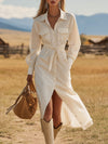 Western-style Casual White Button-down Cotton Midi Dress