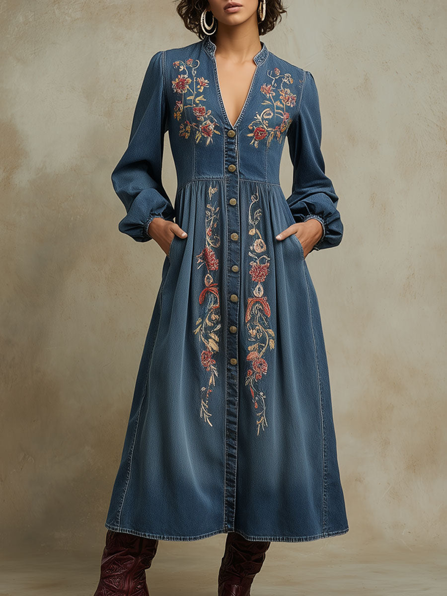 Western Retro Long-Sleeved Floral Embroidered Blue Denim Cardigan Midi Dress