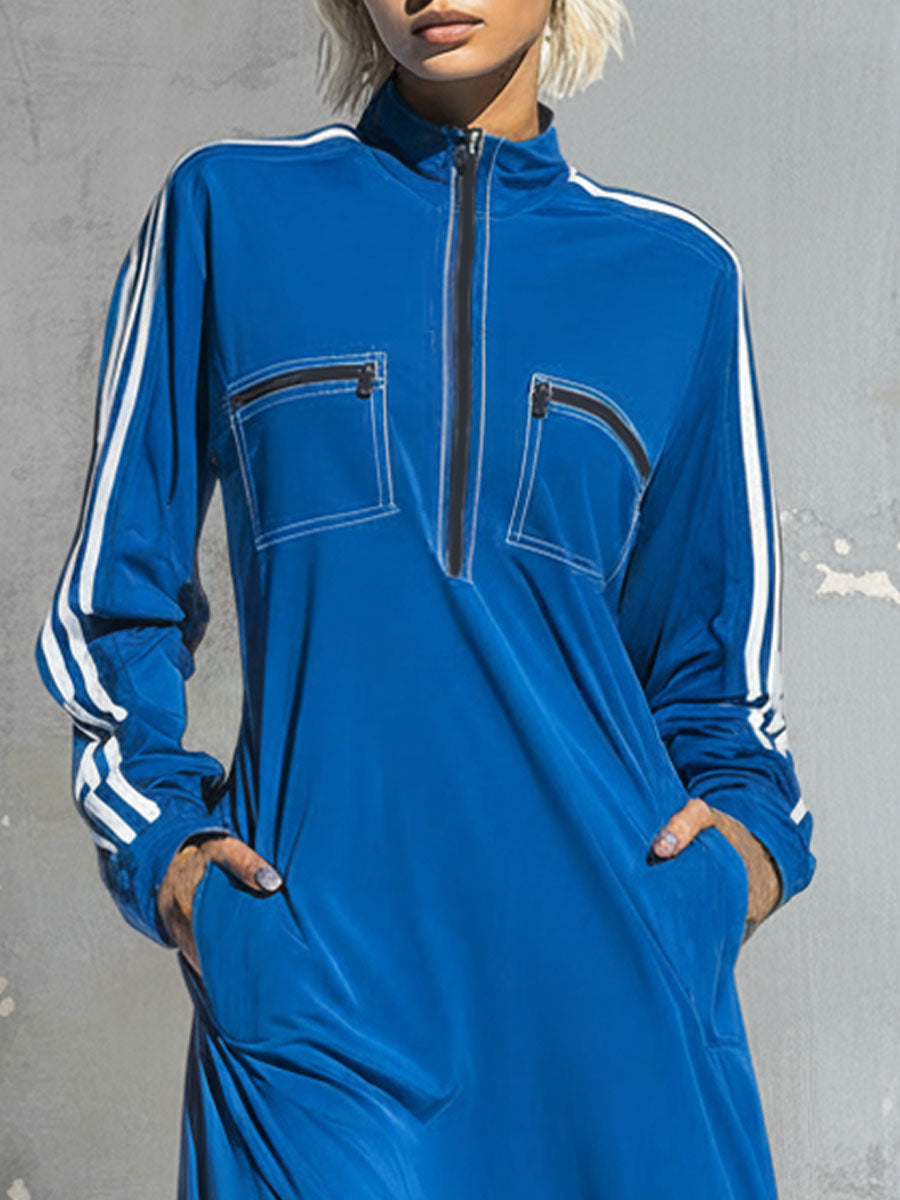 Sporty Style Stand-up Collar Zip-up Multi-pocket Long-sleeved Midi Dress