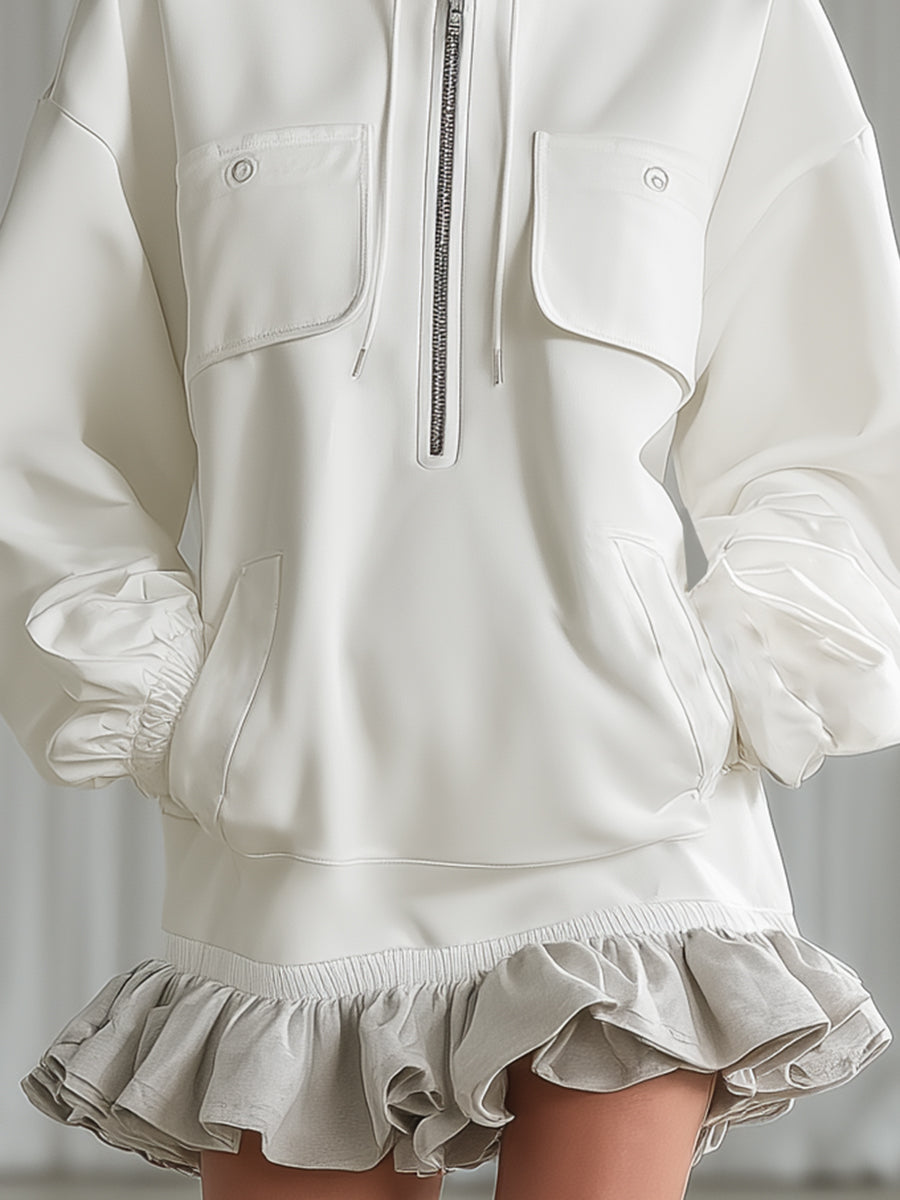 Casual And Stylish Beige-grey Ruffled White Hooded Sporty Mini Dress