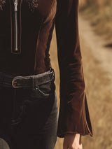 Western-style Vintage Embroidered Brown Velvet Shirt