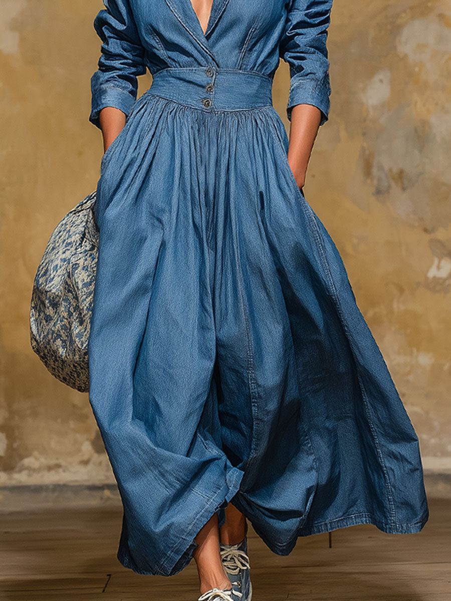 Retro Style Lapel Collar Double Pocket Button-up Long-sleeved Maxi Dress