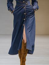 Fashionable Retro Long-sleeved Dark Blue Denim Cardigan Midi Dress