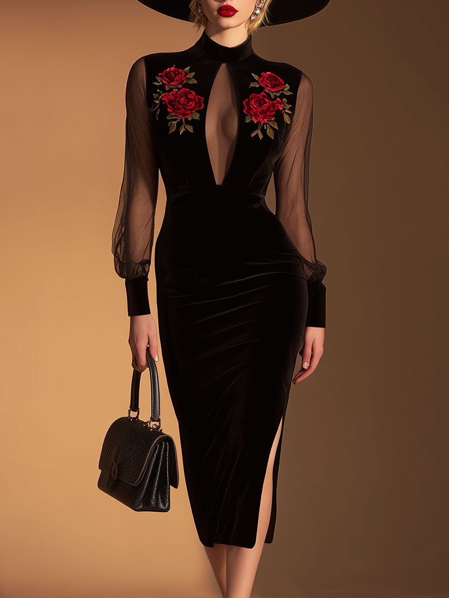 Elegant And Sexy Black Mesh And Velvet Midi Dress