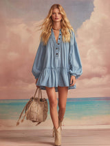 Elegant Western Loose V-neck Front Button Ruffled Hem Light Blue Denim Mini Dress