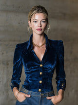 Elegant Blue Velvet Long-sleevedWith Gold Buttons Shirt