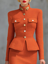 Elegant Stand-collar Knitted Cardigan And Skirt Set